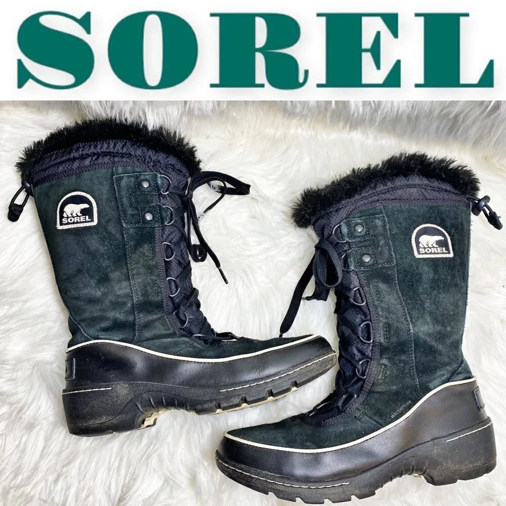 SOREL Tivoli III High Black Suede Faux Fur Trimmed Mid-Calf Boot, Size 7.5‎